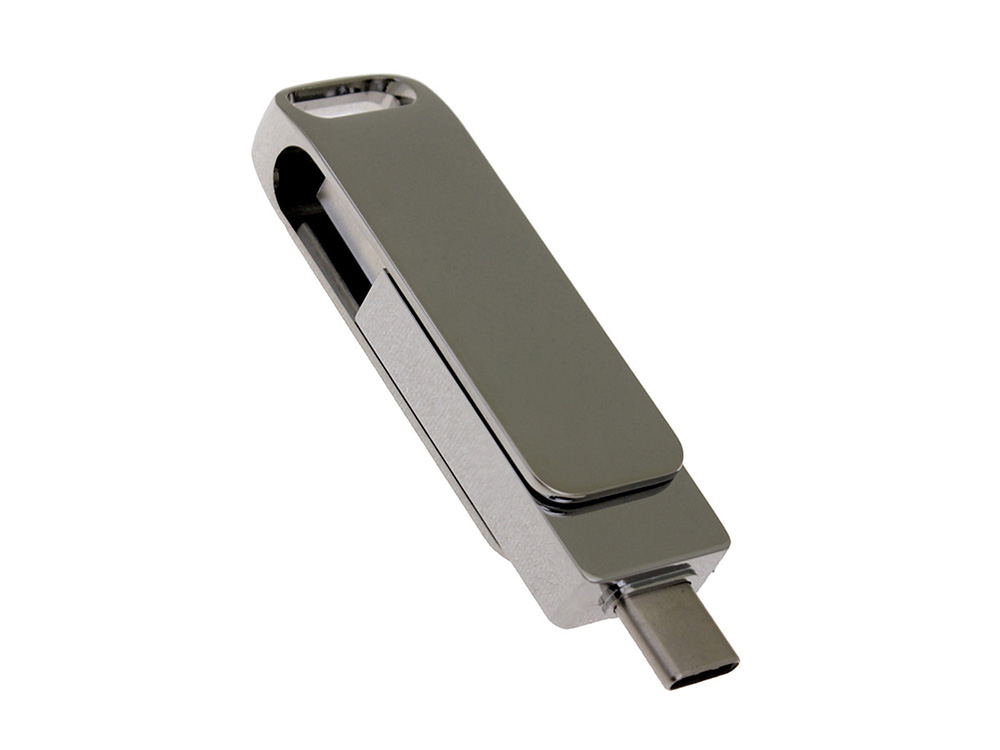 USB 3.0- флешка на 32 Гб поворотный механизм 2 в 1, c дополнительным разъемом Type-C с одноцветным металлическим клипом, серебристый-1