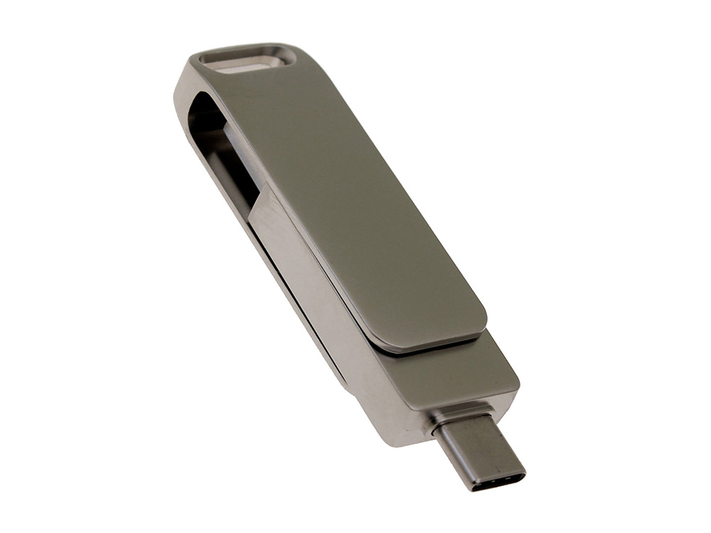 USB 3.0- флешка на 32 Гб поворотный механизм 2 в 1, c дополнительным разъемом Type-C с одноцветным металлическим клипом, серый-1