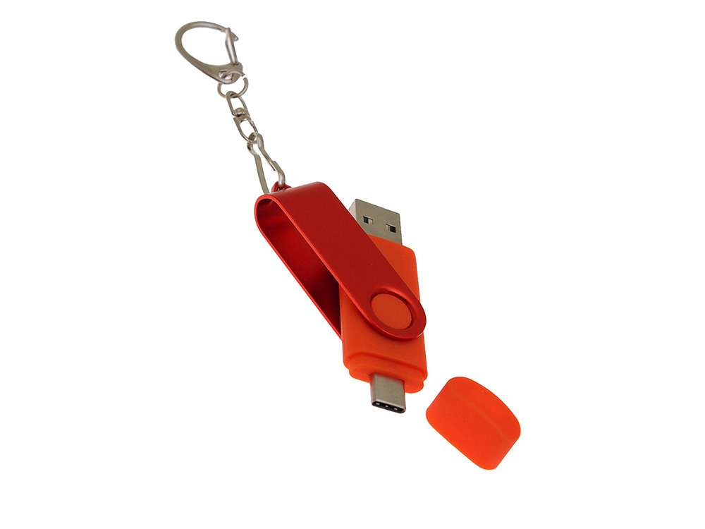 USB-флешка на 16 Гб 2 в 1 поворотный механизм, c дополнительным разъемом Type-C с одноцветным металлическим клипом, красный-3