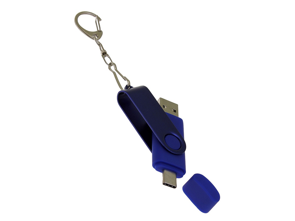 USB-флешка на 16 Гб 2 в 1 поворотный механизм, c дополнительным разъемом Type-C с одноцветным металлическим клипом, синий-3