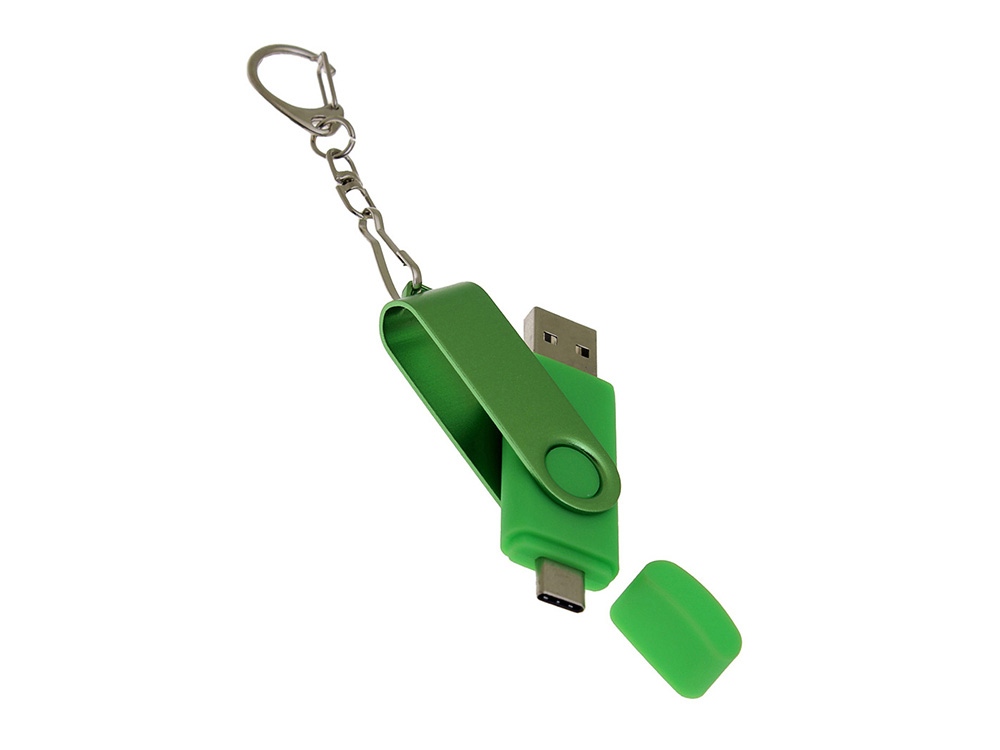 USB-флешка на 16 Гб 2 в 1 поворотный механизм, c дополнительным разъемом Type-C с одноцветным металлическим клипом, зеленый-3