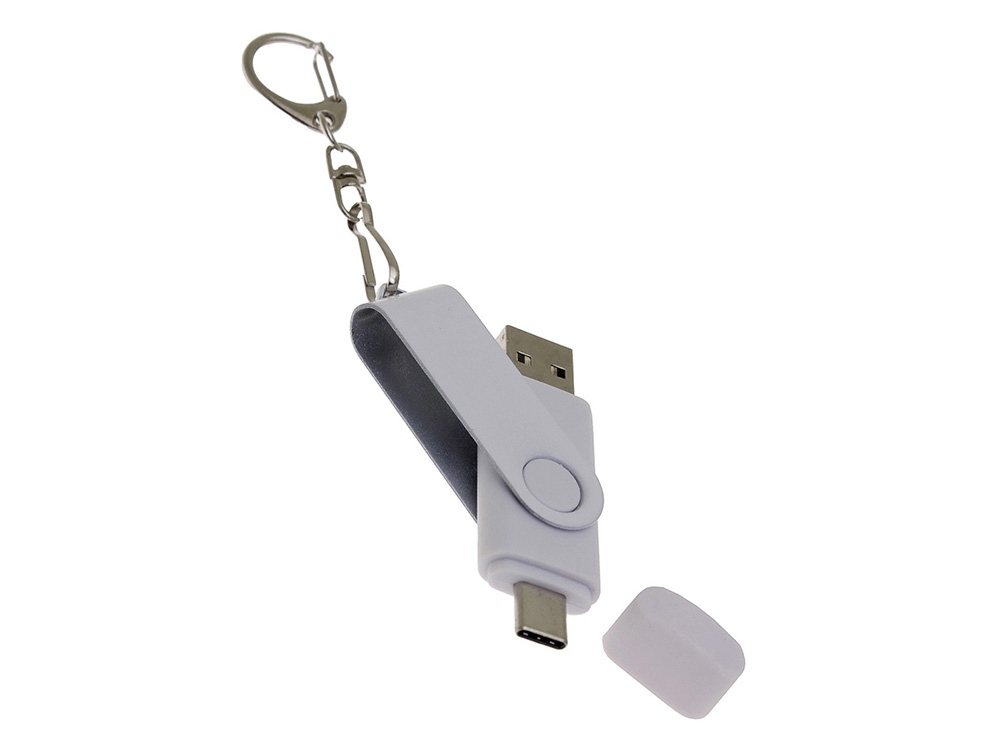 USB-флешка на 16 Гб 2 в 1 поворотный механизм, c дополнительным разъемом Type-C с одноцветным металлическим клипом, белый-3