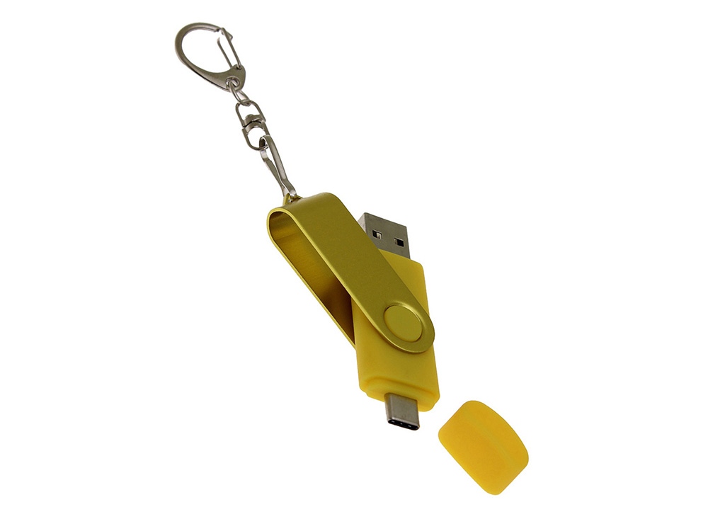 USB-флешка на 32 Гб 2 в 1 поворотный механизм, c дополнительным разъемом Type-C с одноцветным металлическим клипом, желтый-3