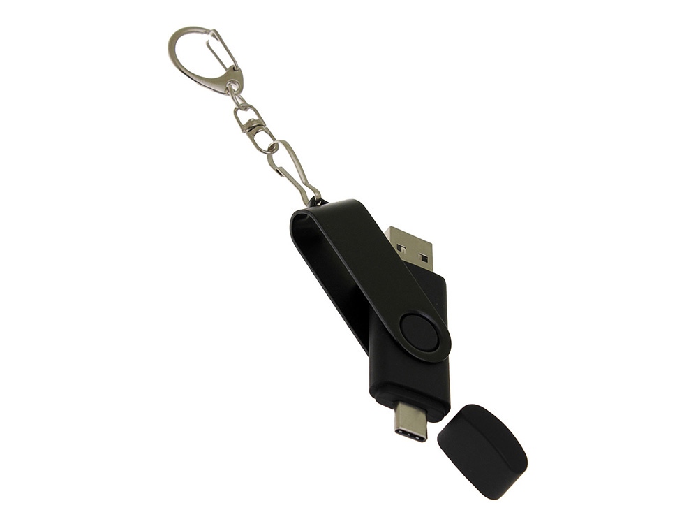 USB-флешка на 32 Гб 2 в 1 поворотный механизм, c дополнительным разъемом Type-C с одноцветным металлическим клипом, черный-3