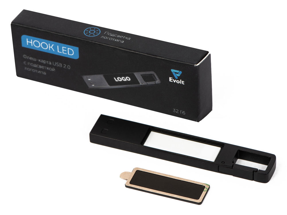 USB 2.0- флешка на 32 Гб c подсветкой логотипа «Hook LED», темно-серый, белая подсветка-8