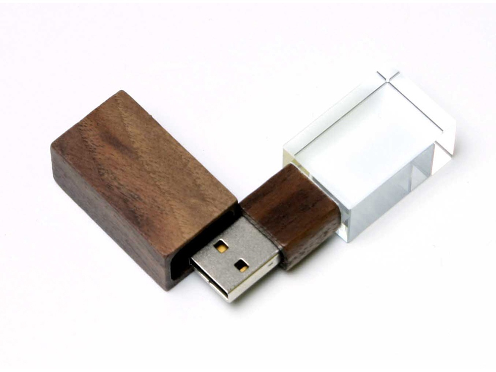 USB-флешка на 64 ГБ прямоугольной формы, под гравировку 3D логотипа, материал стекло, с деревянным колпачком красного цвета, синий-1