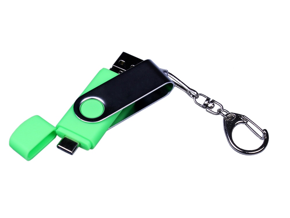 USB-флешка на 16 Гб поворотный механизм, c двумя дополнительными разъемами MicroUSB и TypeC, зеленый-3