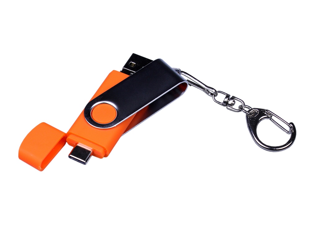 USB-флешка на 32 Гб поворотный механизм, c двумя дополнительными разъемами MicroUSB и TypeC, оранжевый-3