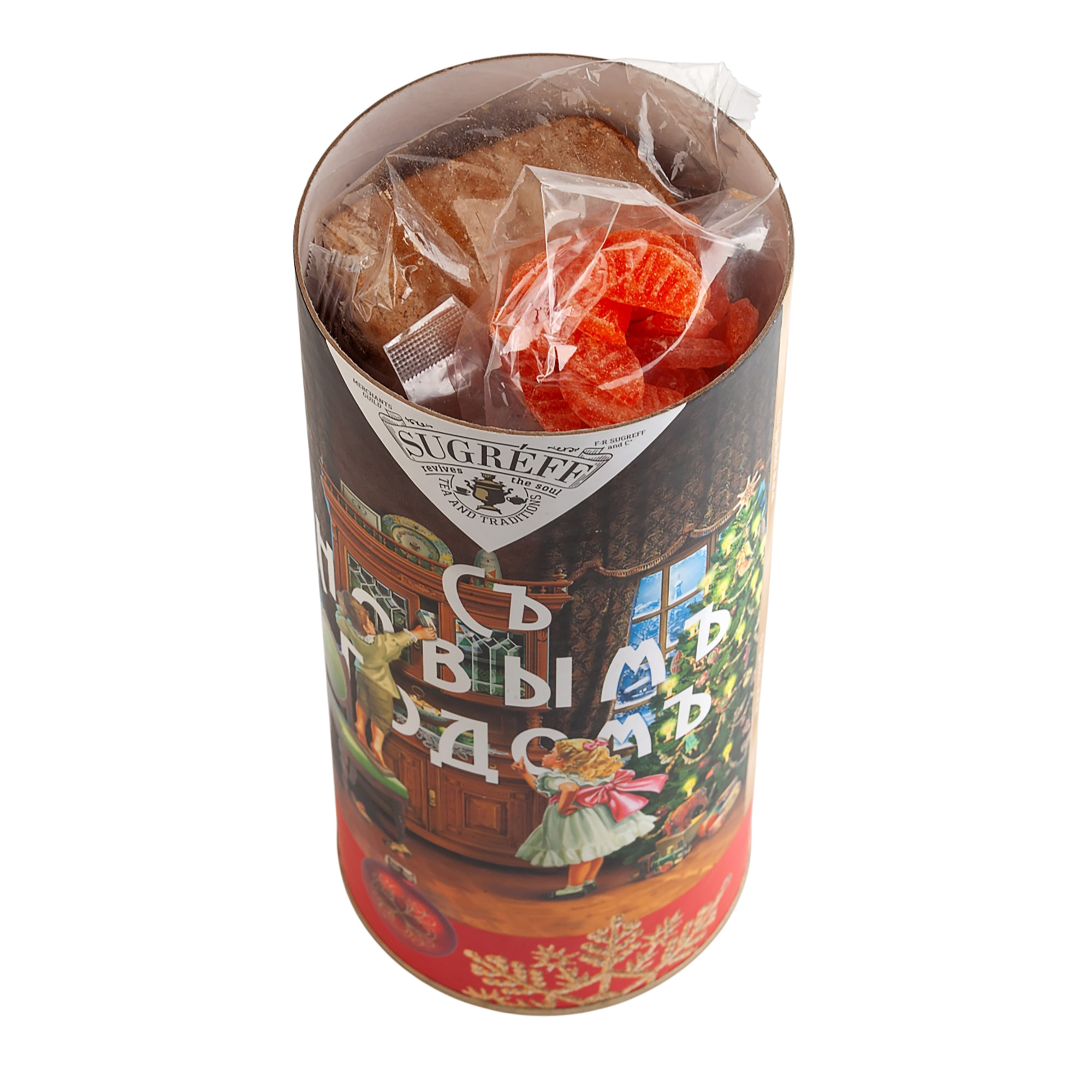 Тубус С НОВЫМ ГОДОМ с набором сладостей: 2 пастилы (классическая и со смородиной) , леденцы со вкусом апельсина, миндаль в белом шоколаде, чай с имбирем и малиной и имбирное печенье-3