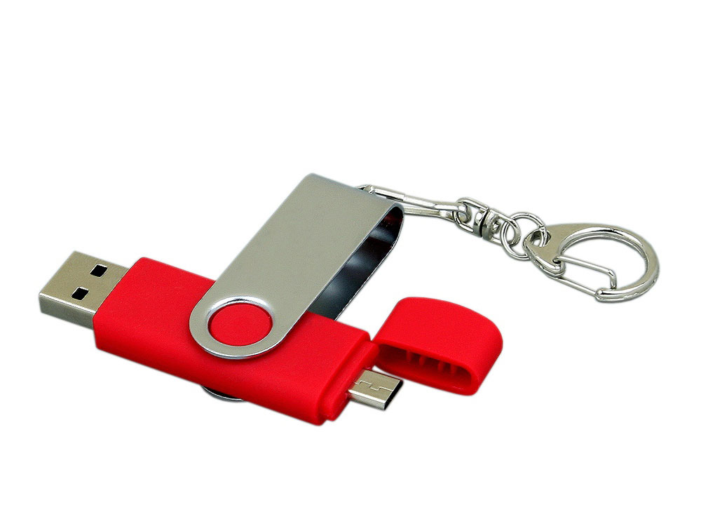 Флешка с  поворотным механизмом, c дополнительным разъемом Micro USB, 64 Гб, красный-1