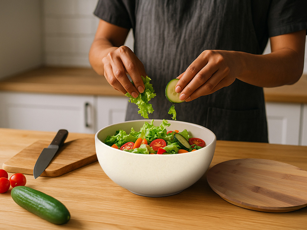 Салатник Bowl с бамбуковой крышкой, бежевый-11