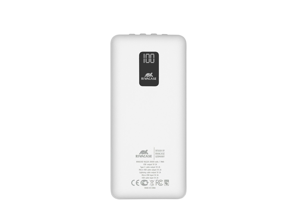RIVACASE VA2220 (20000 мАч) внешний аккумулятор с дисплеем и встроенными кабелями, белый, 12/24-1