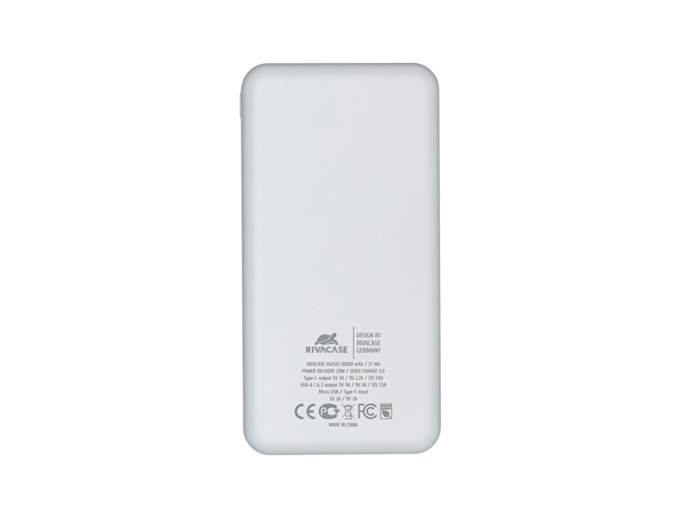 RIVACASE VA2532 (10000 мАч) QC/PD 20W внешний аккумулятор с дисплеем, белый 12/48-2