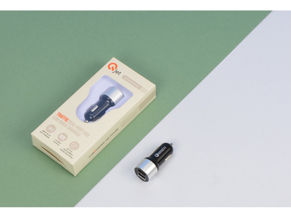 Адаптер автомобильный USB с функцией быстрой зарядки QC 3.0 "TraffIQ", черный/серебристый-6