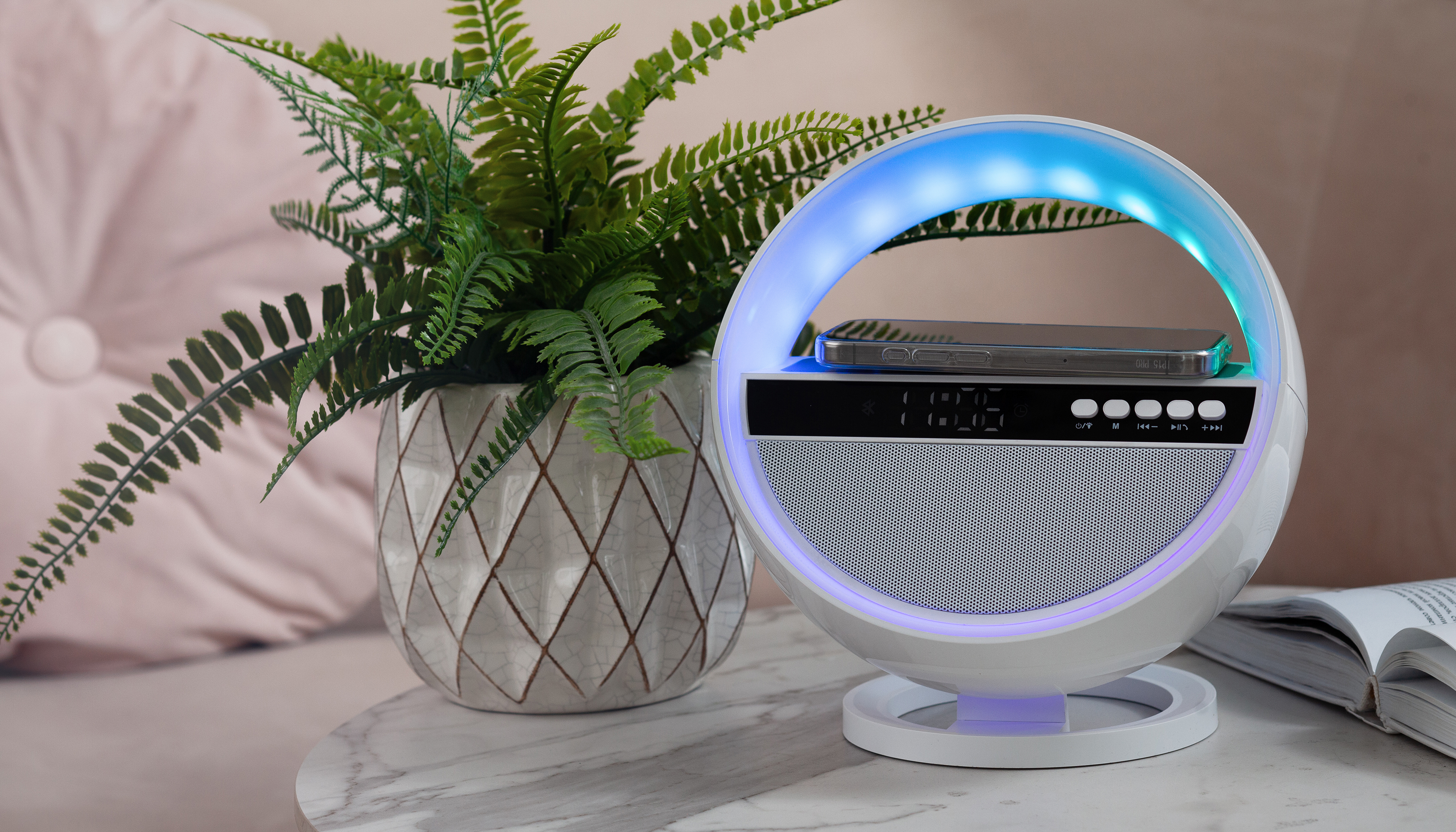 Bluetooth колонка "Smart Orb" 5Вт с беспроводным (15W) ЗУ, лампой, часами, FM радио-1