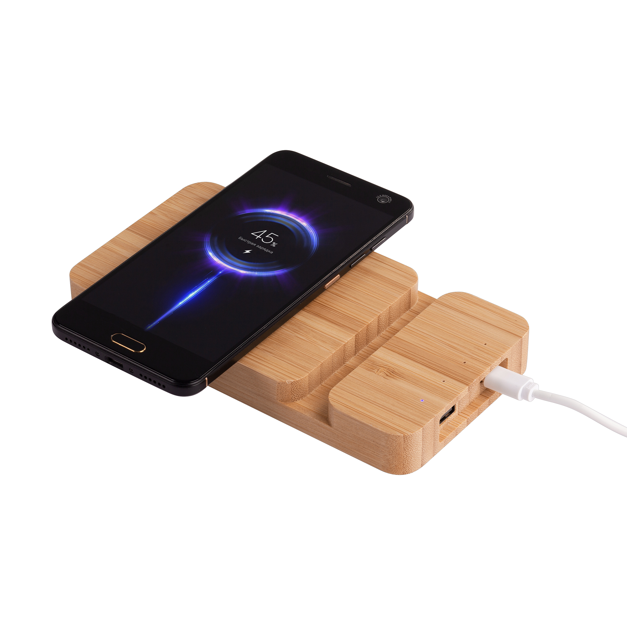 Беспроводное (10W) зарядное устройство "Bamboo Power" 5000 mAh с подставкой под смартфон, бамбук-2
