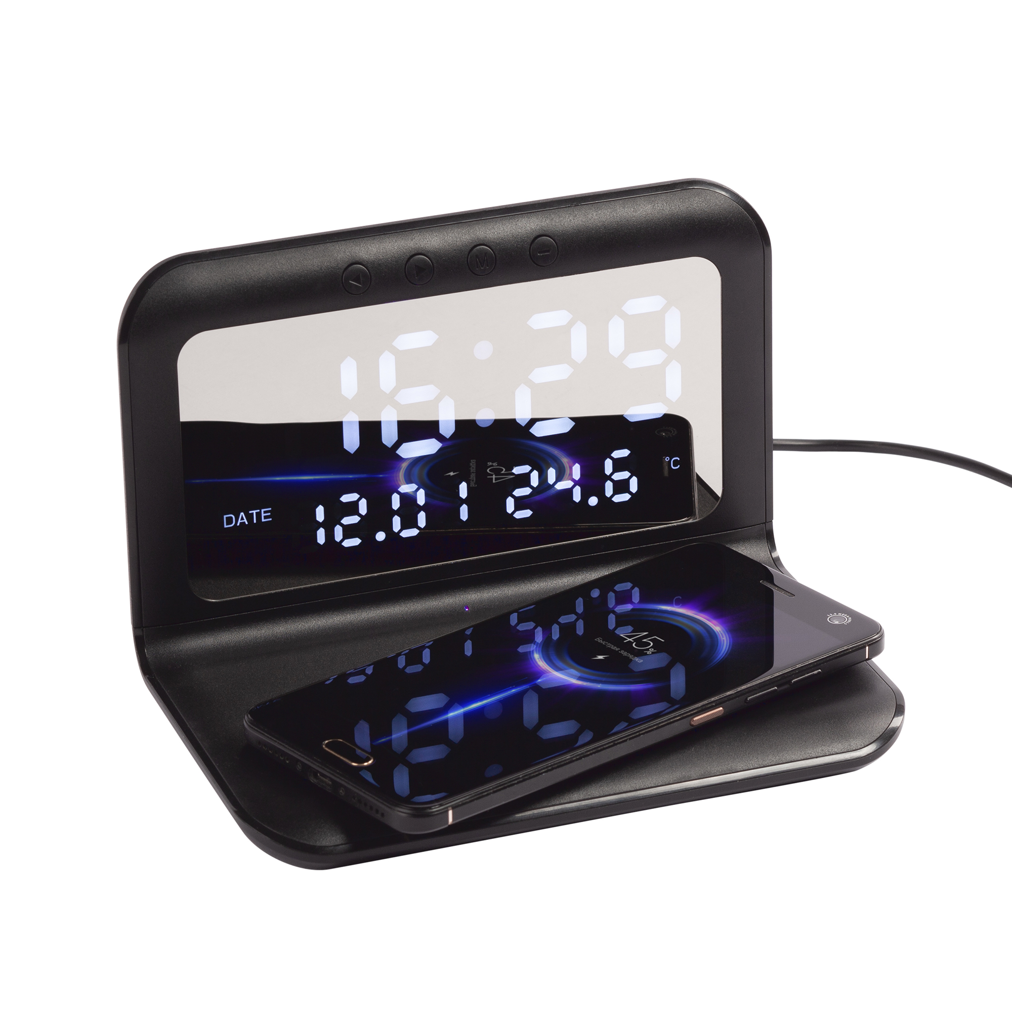 Настольные часы "Smart Time" с беспроводным (15W) зарядным устройством, будильником и термометром, со съёмным дисплеем-2