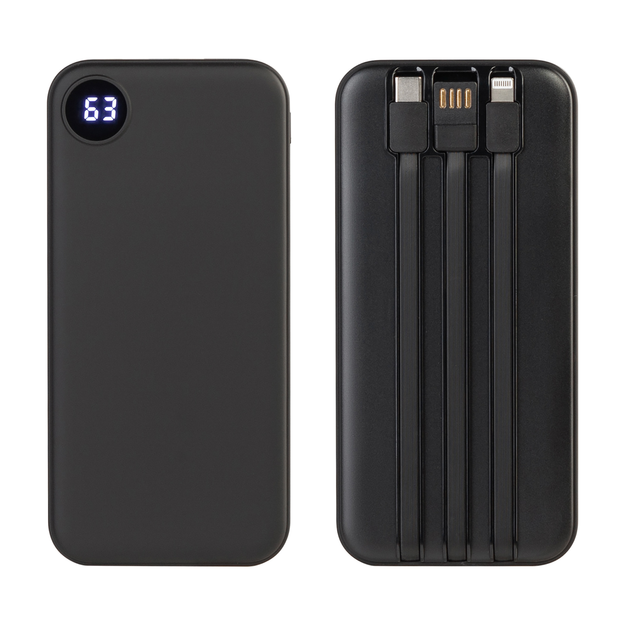 Зарядное устройство "Форт" 10000 mAh с подсветкой логотипа, встроенными кабелями и цифровым индикатором заряда-1