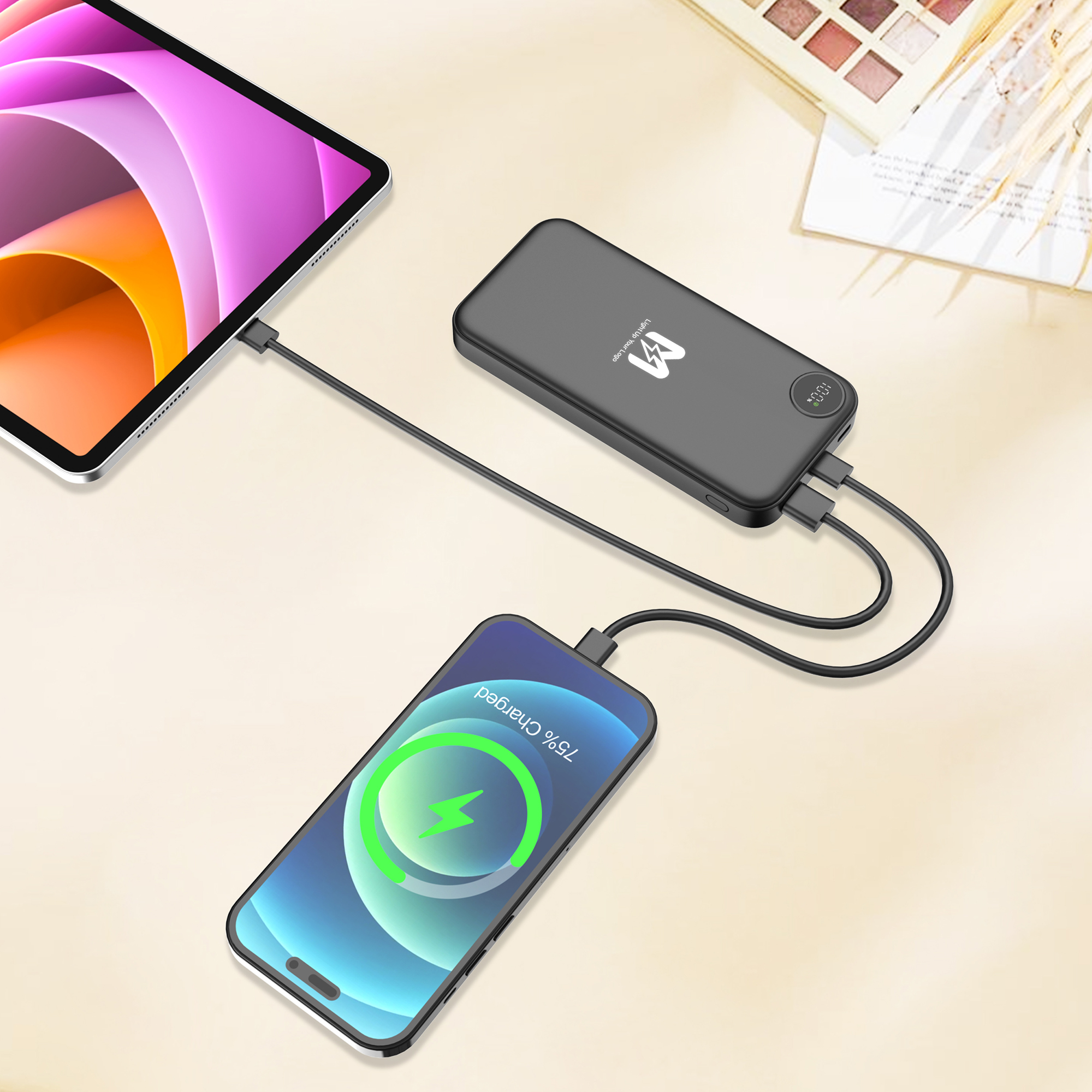 Зарядное устройство "Форт" 10000 mAh с подсветкой логотипа, встроенными кабелями и цифровым индикатором заряда-6