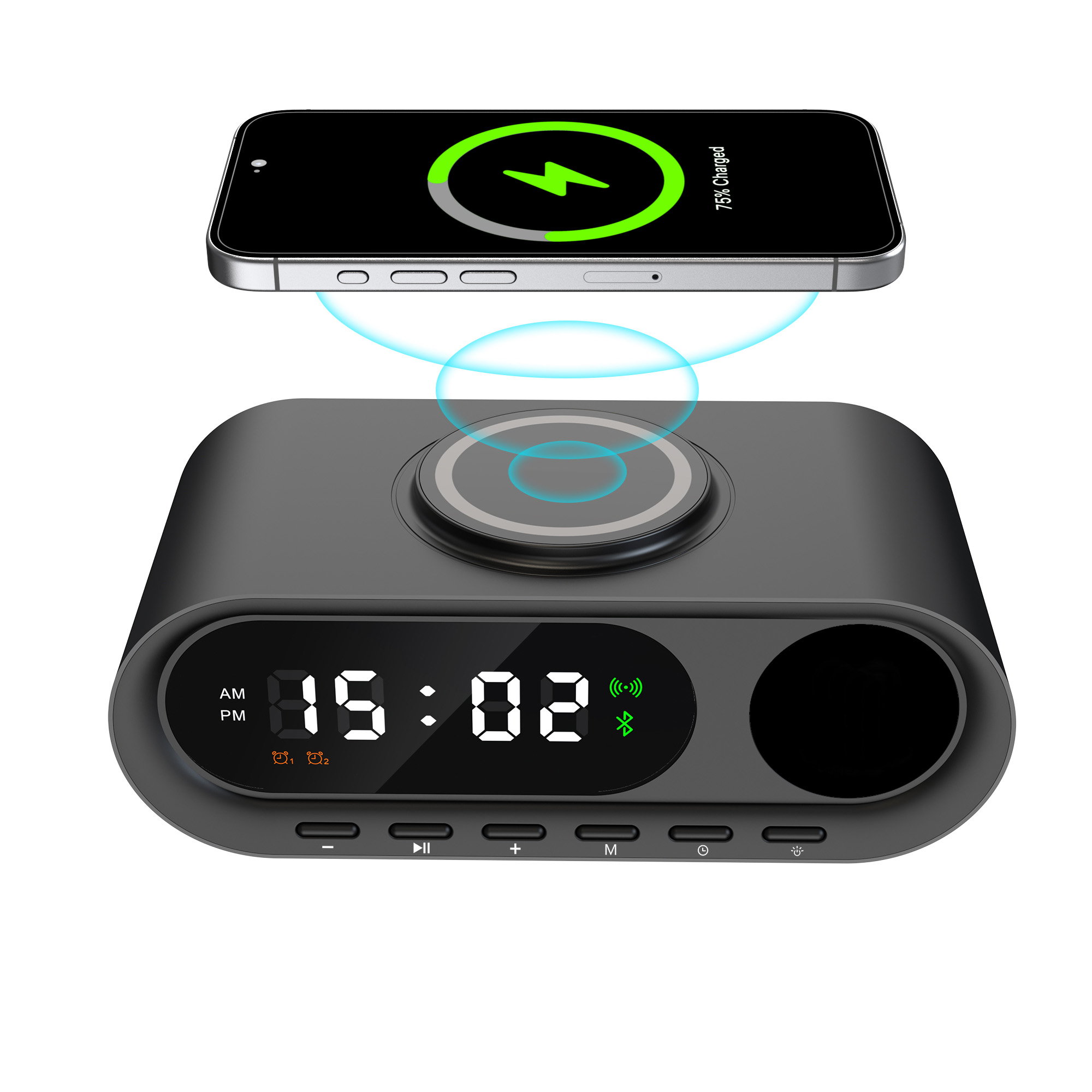 Настольные часы "Smart Hub" с bluetooth колонкой 5Вт, беспроводной (15W) зарядкой и подсветкой логотипа-1