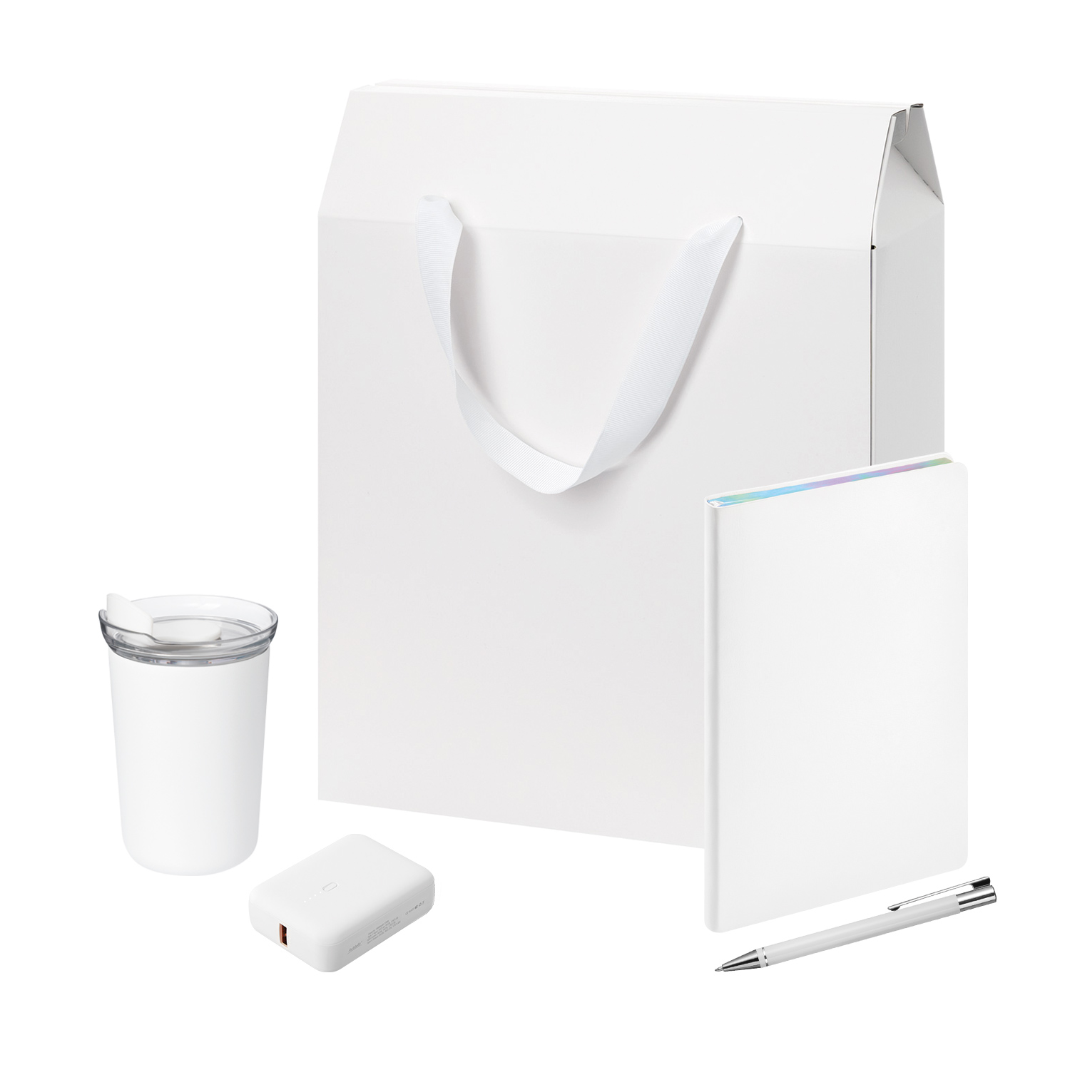 Подарочный набор Велком Пак (Welcome Pack), белый (термокружка, ежедневник, ручка, ЗУ, коробка-пакет)-1