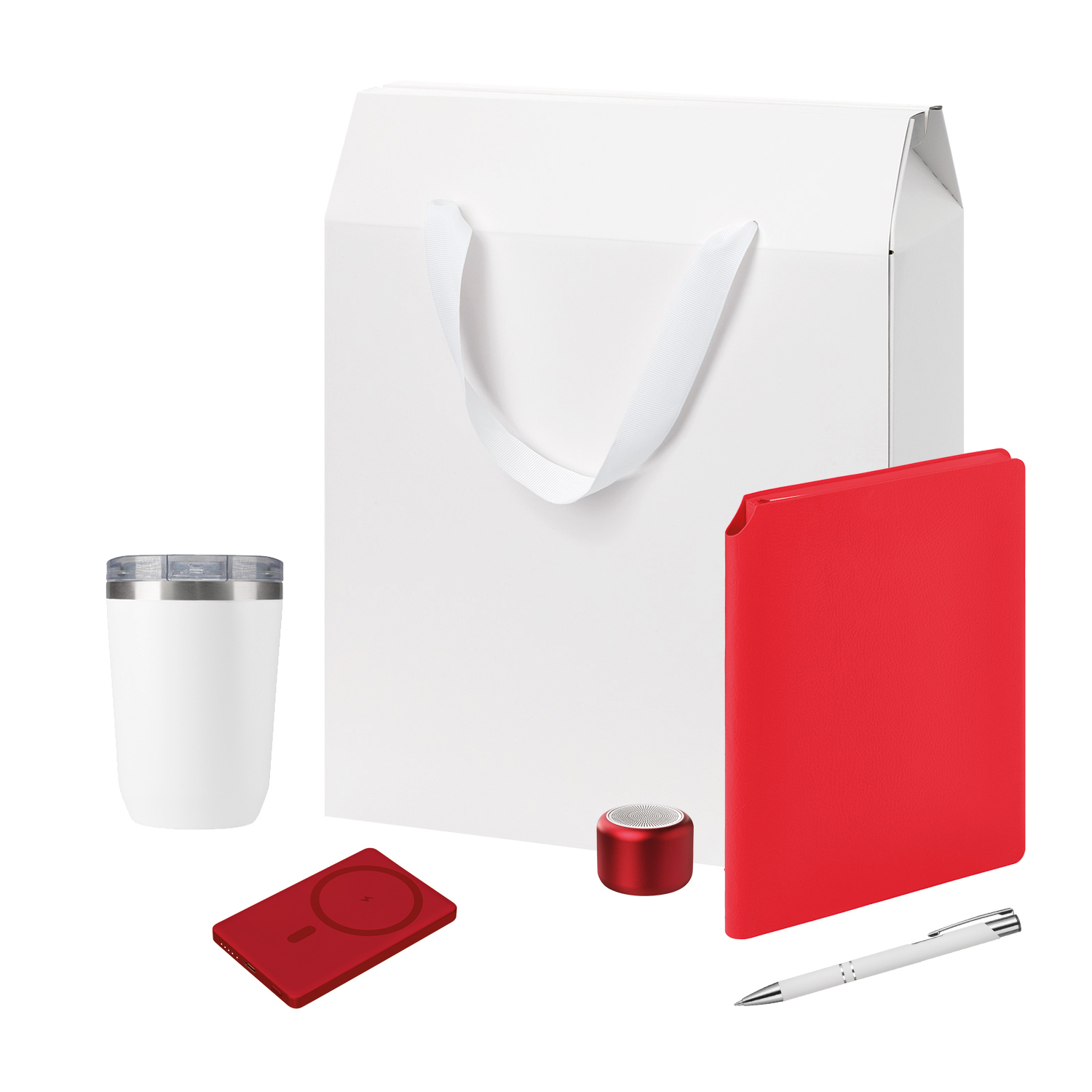 Подарочный набор Велком Пак Премиум (Welcome Pack Premium), красный (термокружка, колонка, ежедневник, ручка, ЗУ, коробка-пакет)-1