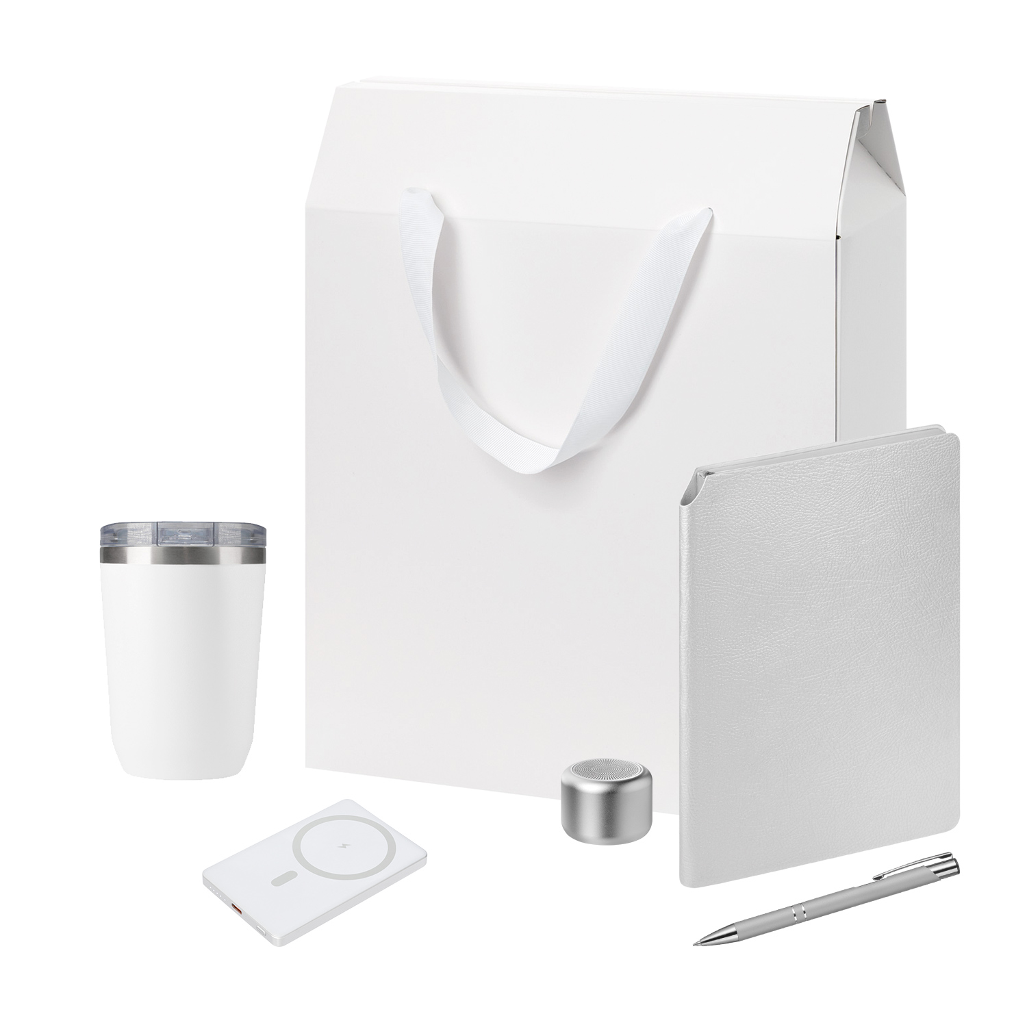 Подарочный набор Велком Пак Премиум (Welcome Pack Premium), серебряный (термокружка, колонка, ежедневник, ручка, ЗУ, коробка-пакет)-1