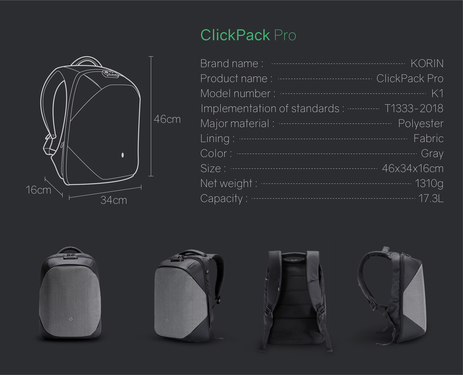Рюкзак KORIN ClickPack Pro 46х34х16 см, комбинированный черный/серый-22