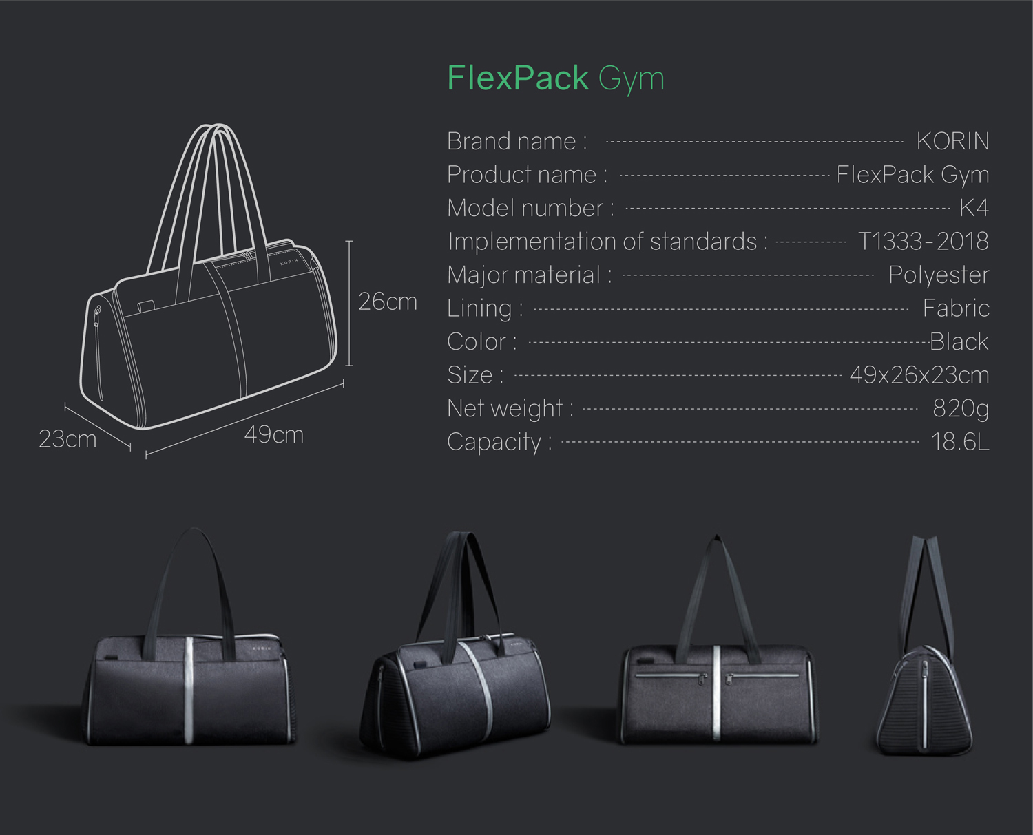 Спортивная KORIN сумка FlexPack Gym 49х26х23 см, темно-серая-27