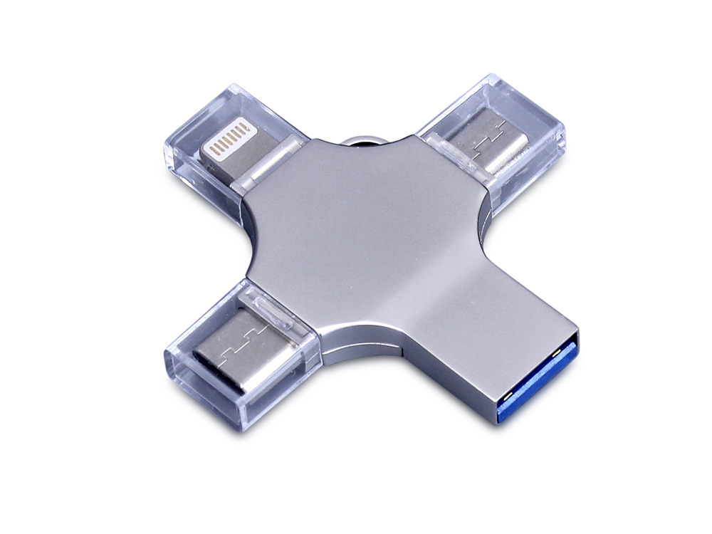 USB-флешка на 64 Гб 4 в 1 поворотный механизм, c дополнительными разъемами MicroUSB, TypeC и Lightning, серебристый