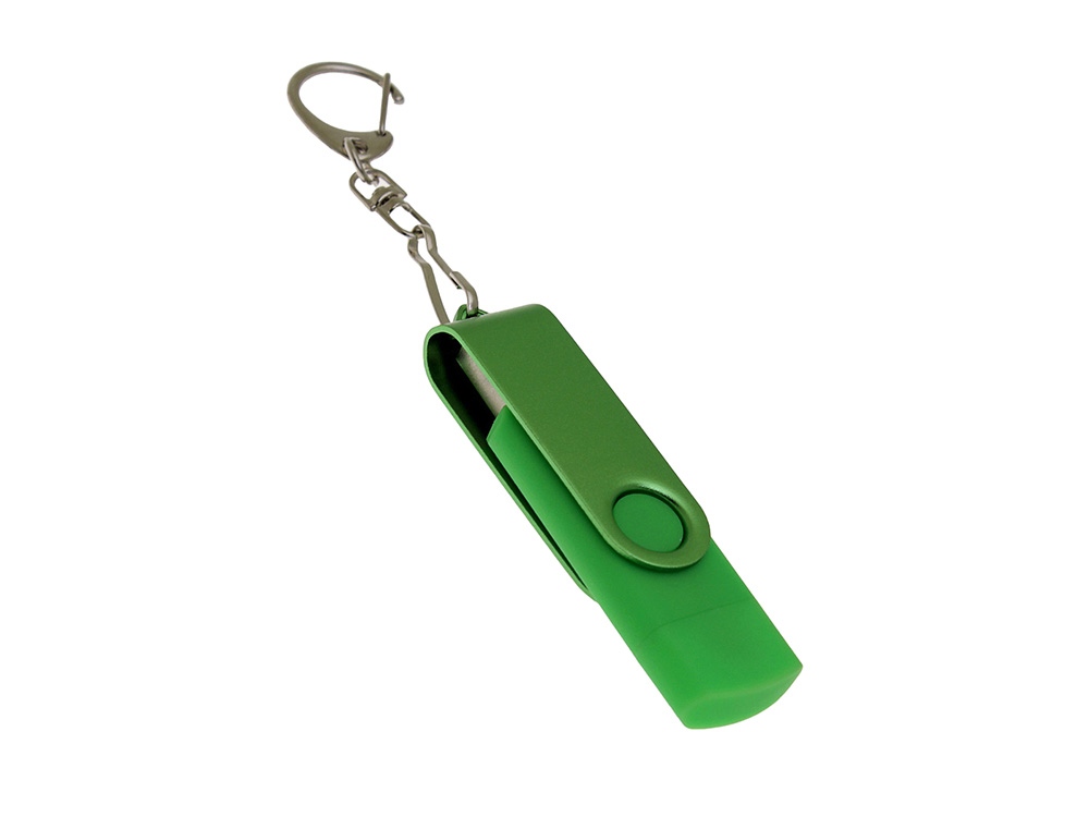 USB-флешка на 16 Гб 2 в 1 поворотный механизм, c дополнительным разъемом Type-C с одноцветным металлическим клипом, зеленый