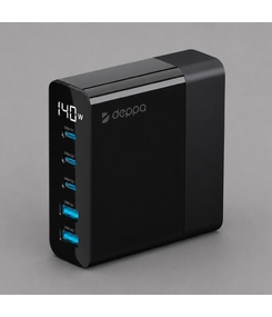 Зарядная станция 3xUSB Type-C, 2xUSB, PD, QC, 140Вт, черный, Deppa