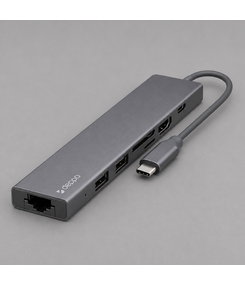 USB Type-C хаб 7-в-1, HDMI, Power Delivery, 2xUSB 3.0, RJ45, microSD/SD, графит, Deppa