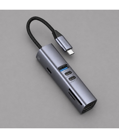 USB-хаб 7 в 1 USB-C - USB-A3.0 + 2хUSB-C + USB-C PD100Вт + HDMI + SD + microSD, серый, Deppa