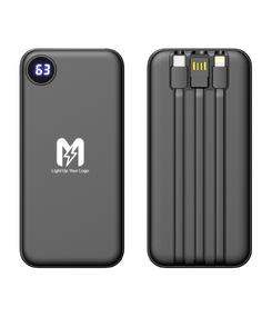 Зарядное устройство "Форт" 10000 mAh с подсветкой логотипа, встроенными кабелями и цифровым индикатором заряда